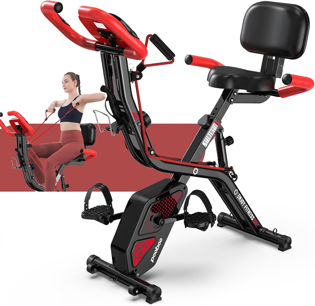 pooboo Folding Exercise Bike, Foldable Upright Stationary Bike, Indoor Cycling Magnetic X-Bike with 8-Level Adjustable Resistance, 6.6 LBS Flywheel, 300LB Capacity, Back Support Cushion for Home Gym