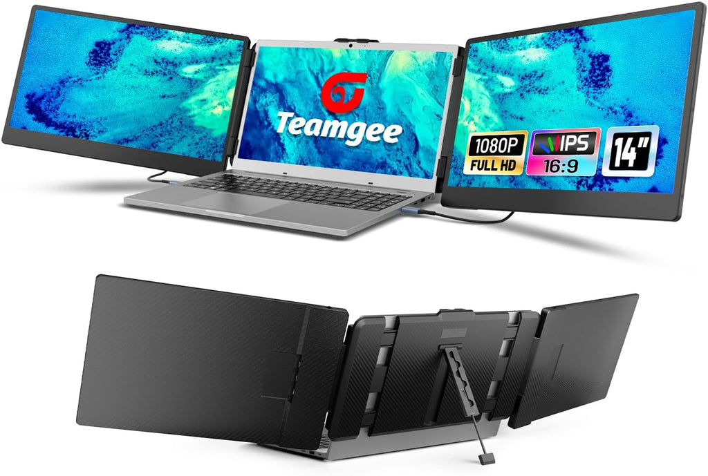 Teamgee 14' Laptop Screen Extender, FHD 1080P IPS Triple Portable Monitor for 13''-17' (Diagonal) Laptop, HDMI/USB-A/Type-C Plug & Play, Built-in Speakers & Adjustable Stand, for Mac/Wins/Android/Dex