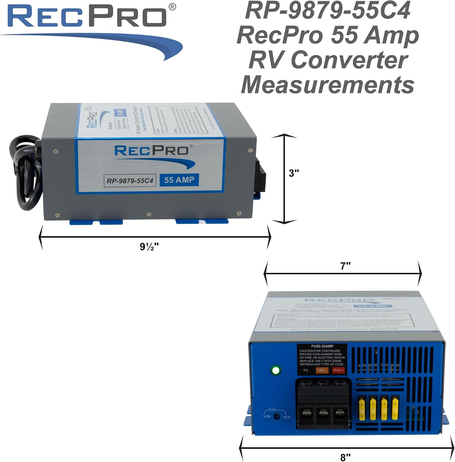 RecPro RV Converter 55 Amp | RV Power Converter & Battery Charger | 4 Stage Smart Charging | 120VAC to 12VDC | 13V to 16.5V Operating Range