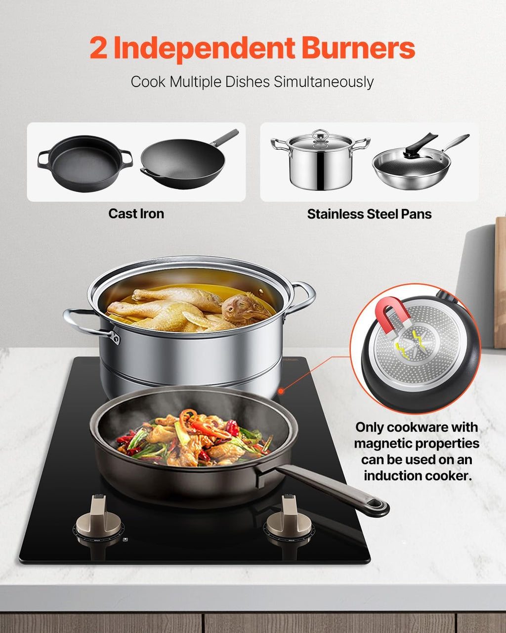 Happybuy 12 temperature settings Induction Cooktop - The Ideal Kitchen Essential! This 1800W electric countertop burner features 2 burners with knob control, providing a classic