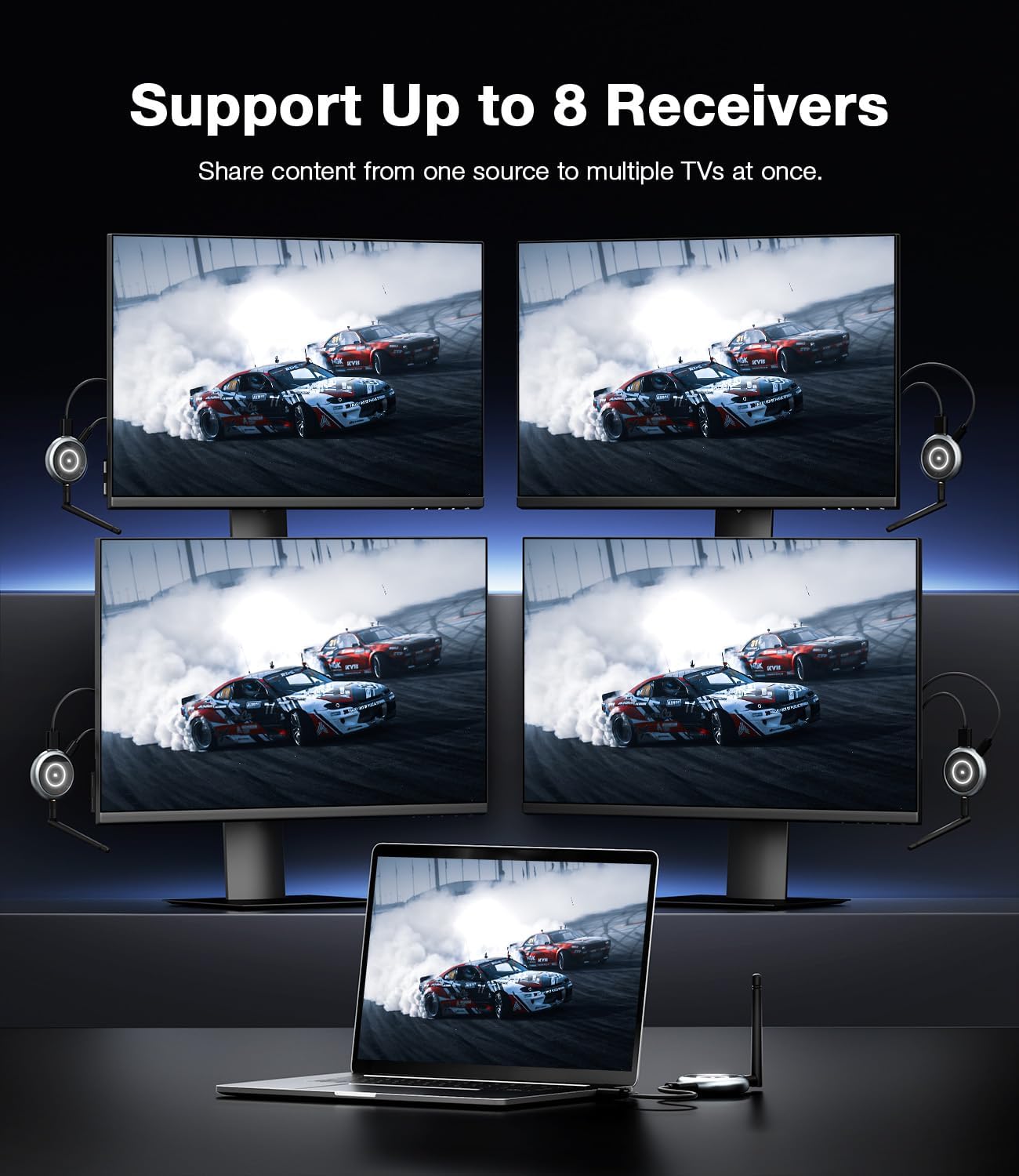 AIMIBO Wireless HDMI Transmitter and 4 Receivers, 5.8G, 4K Decode & 1080P@60Hz, 656FT HDMI Wireless Multiple TVs Extender for Casting Video/Audio from Laptop, Camera, TV Box to Projectors, Monitors