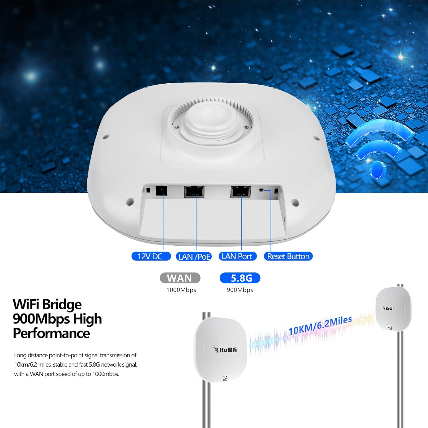 KuWFi 5.8G Gigabit Point to Point WiFi Bridge Kit,TDMA 10KM Long Range Outdoor Point to Point Wireless Bridge CPE, Extending WiFi to outbuildings，Support Starlink Router/Camera