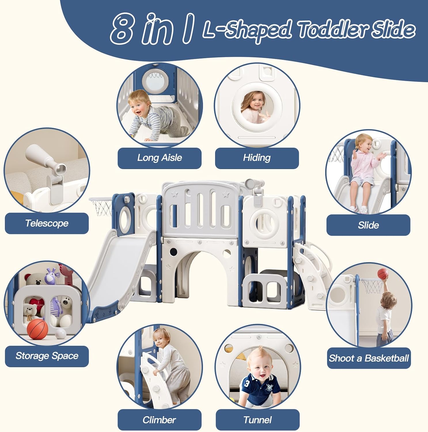 8 in 1 Toddler Slide,Kids Climber Slide with Storage Space and Non-Slip Steps,Indoor Outdoor Playset with Basketball Hoopa and Telescope,Slide for Toddlers 3+