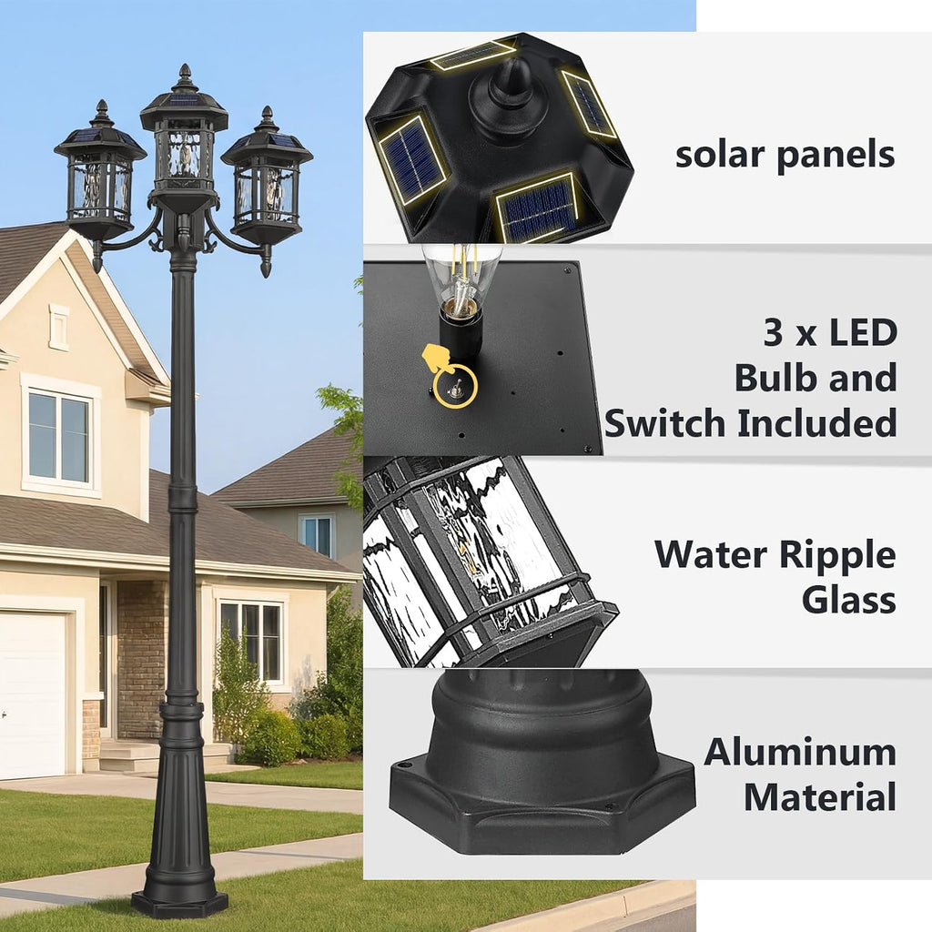 Emliviar 3-Head Outdoor Street Lights Solar Powered, Aluminum Post Lamp 100.4' Dusk to Dawn, Black Solar Column Lighting with Water Ripple Glass, 2084PL-3 SL BK-SW