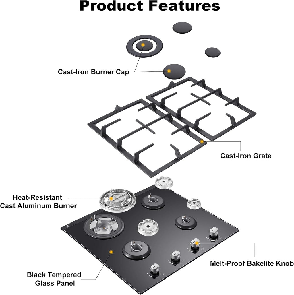 Gas Stove Top 24 Inch, Amzgachfktch Built-in Gas Cooktop 4 Burner, Black Tempered Glass Stove with NG/LPG Conversion Kit, Kitchen Propane Cooktop with Thermocouple Protection