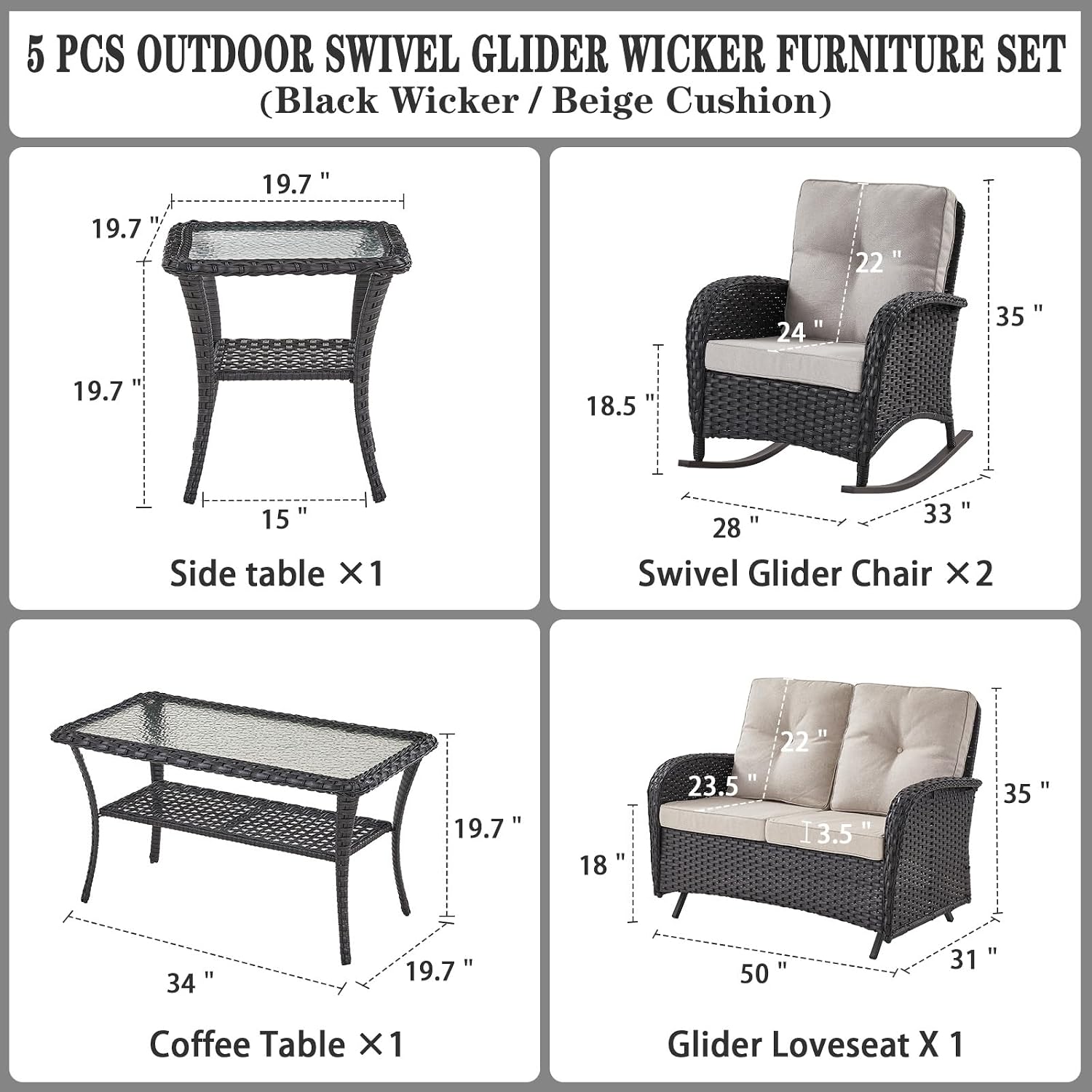 Belord 5 Piece Outdoor Conversation Patio Furniture Set - All-Weather Wicker Patio Rocking Chairs with Loveseat Glider Chair and Coffee Table for Patio Deck Porch Backyard Black Wicker