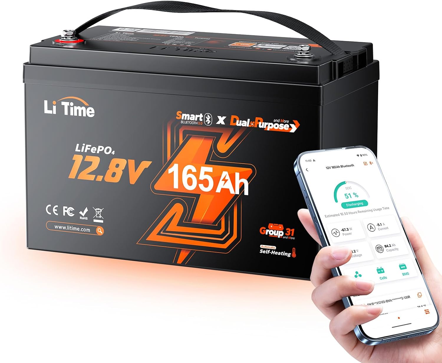 LiTime 12V 165Ah Dual Purpose Lithium Marine Starting & Storage Battery (1200CCA), Group 31 Deep Cycle LiFePO4 Cranking Battery for Boat, Compatible with Yamaha, Mercury, Honda, Suzuki, Evinrude