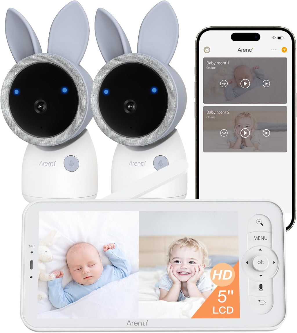 ARENTI 4MP Baby Monitor with 2 Cameras, 5' Screen Video Baby Monitor, Dual-Band 2.4G/5G WiFi with App, Split-Screen View, Auto Tracking, Cry&Motion Detection, Temp&Humidity, Night Vision, 2-Way Talk