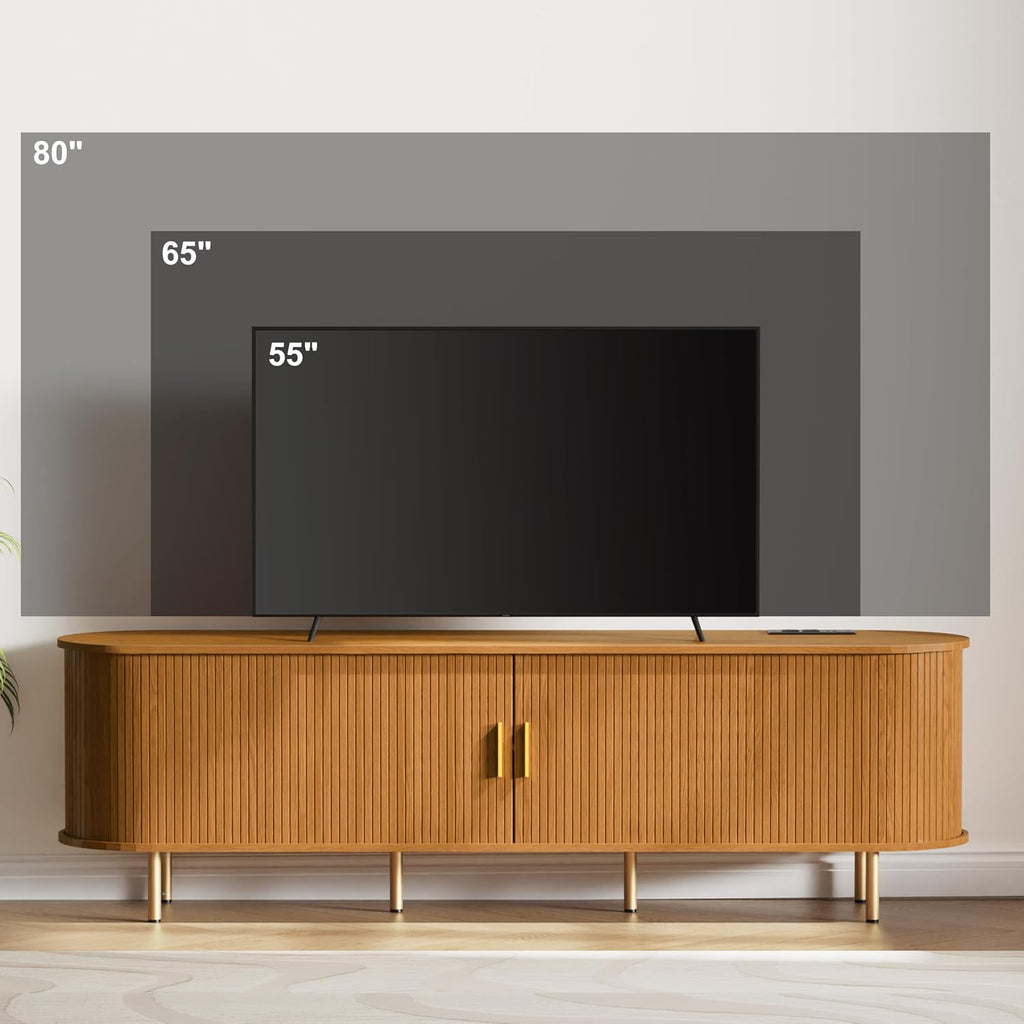 DHH 70.8 Inch Mid Century Modern TV Stand with Power Outlet for TVs up to 80 Inch, Entertainment Center with Storage and Adjustable Shelves, Media Console with Sliding Doors for Living Room(Yellow)