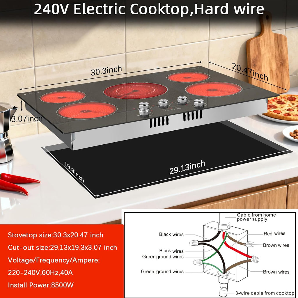 Karinear Electric Cooktop 30 Inch, 5 Burner Radiant Cooktop with Knob & Touch Control, 8500W 240V Built-in Stove Top, 9 Power Levels, Timer, Child Lock, Pause, Residual Heat Indicator(Sliver Knob)