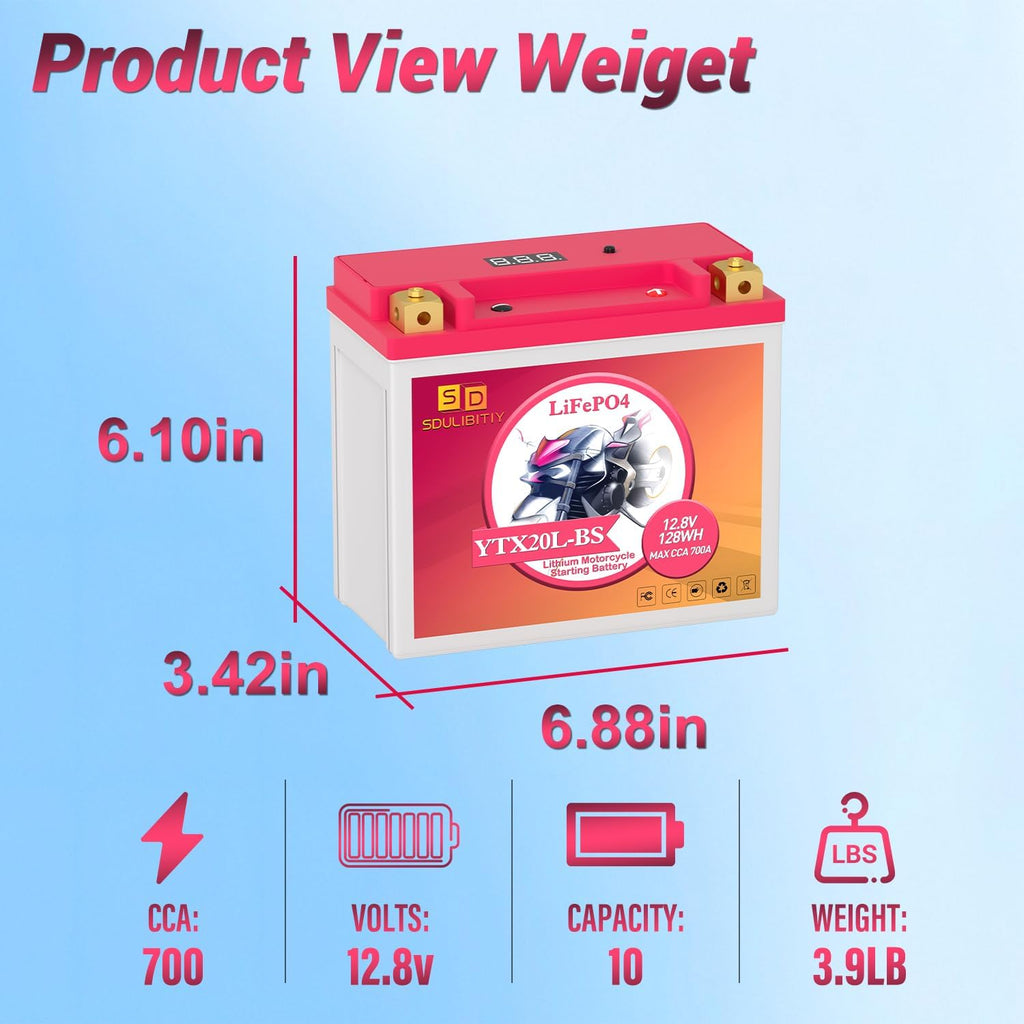 Lithium Motorcycle Battery LiFePO4 YTX20L-BS 12.8V 10Ah 700CCA For Motorcycle Compatible ATV, UTV, Jet Ski, 4 wheeler, Scooter, PWC, Seadoo, Polaris