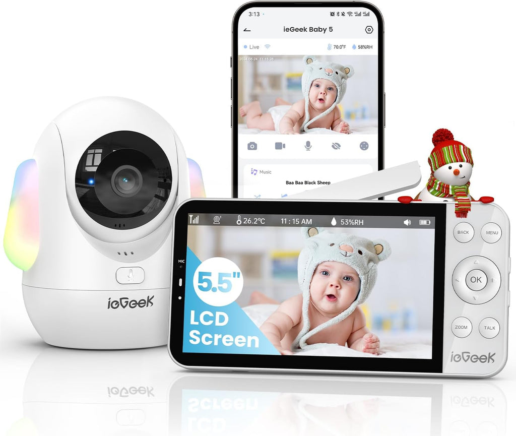 ieGeek 5.5' Baby Monitor,Audio Monitor with 2.5K Ultra HD 2.4G&5Ghz WiFi Camera,Night Light,Face Covering&Cry Detection,Two-Way Talk,Night Vision,Temp&Humidity Sensor,4000mAh Battery,App Control