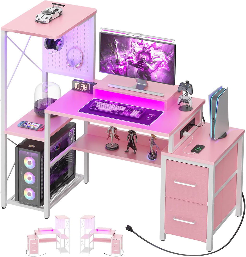 Small Gaming Desk with 2 Fabric Drawers - Reversible Computer Desk with Power Outlet & LED Lights, 49' Office Desk with Monitor Stand & Storage Shelves, Writing Study Table with Pegboard, Pink