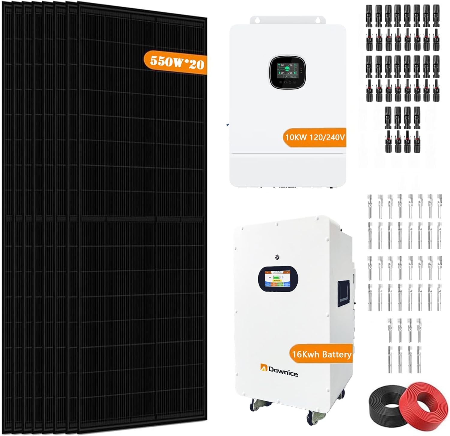 11KW Off-Grid Solar Power System Complete Kit with 20PCS Bificial 550W Solar Panels 10KW Solar Storage Inverter with MPPT Controller 48V 314Ah 16KWh LiFePO4 Battery 120/240Vac