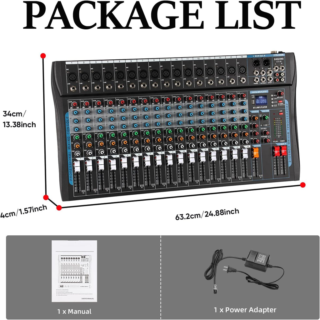 16 Channel Audio Interfacer Sound Board Mixer DJ Mixer 16-Bit DSP Effect USB Audio Mixer +48V Phantom Power Bluetooth Mixer for Karaoke Studio Streaming Recording,Live Streaming