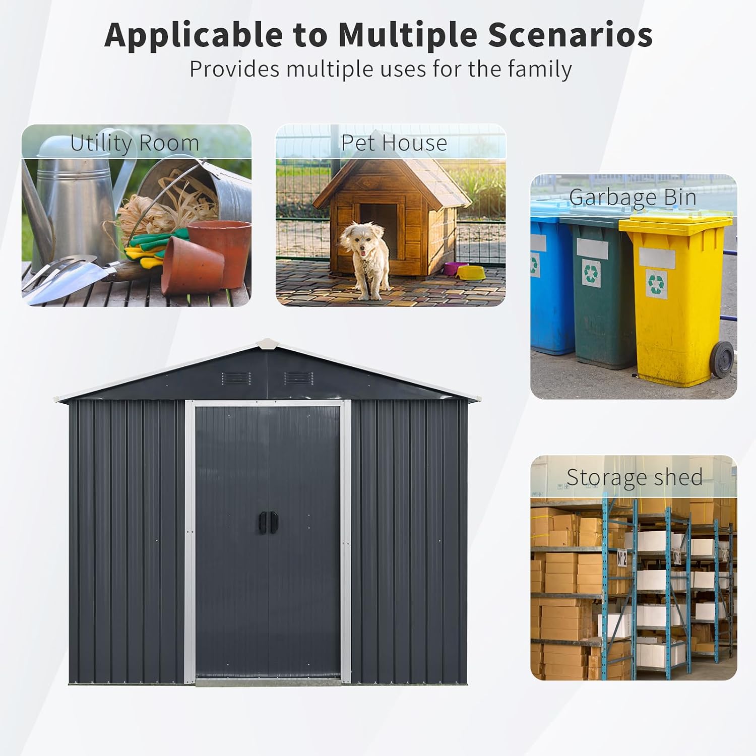 8 x 4 FT Outdoor Storage Shed, Metal Garden Shed with Floor Frame, Tool Shed Outdoor Storage with Lockable Sliding Doors & Window & Air Vent, Storage House Waterproof for Backyard, Lawn, Black + White