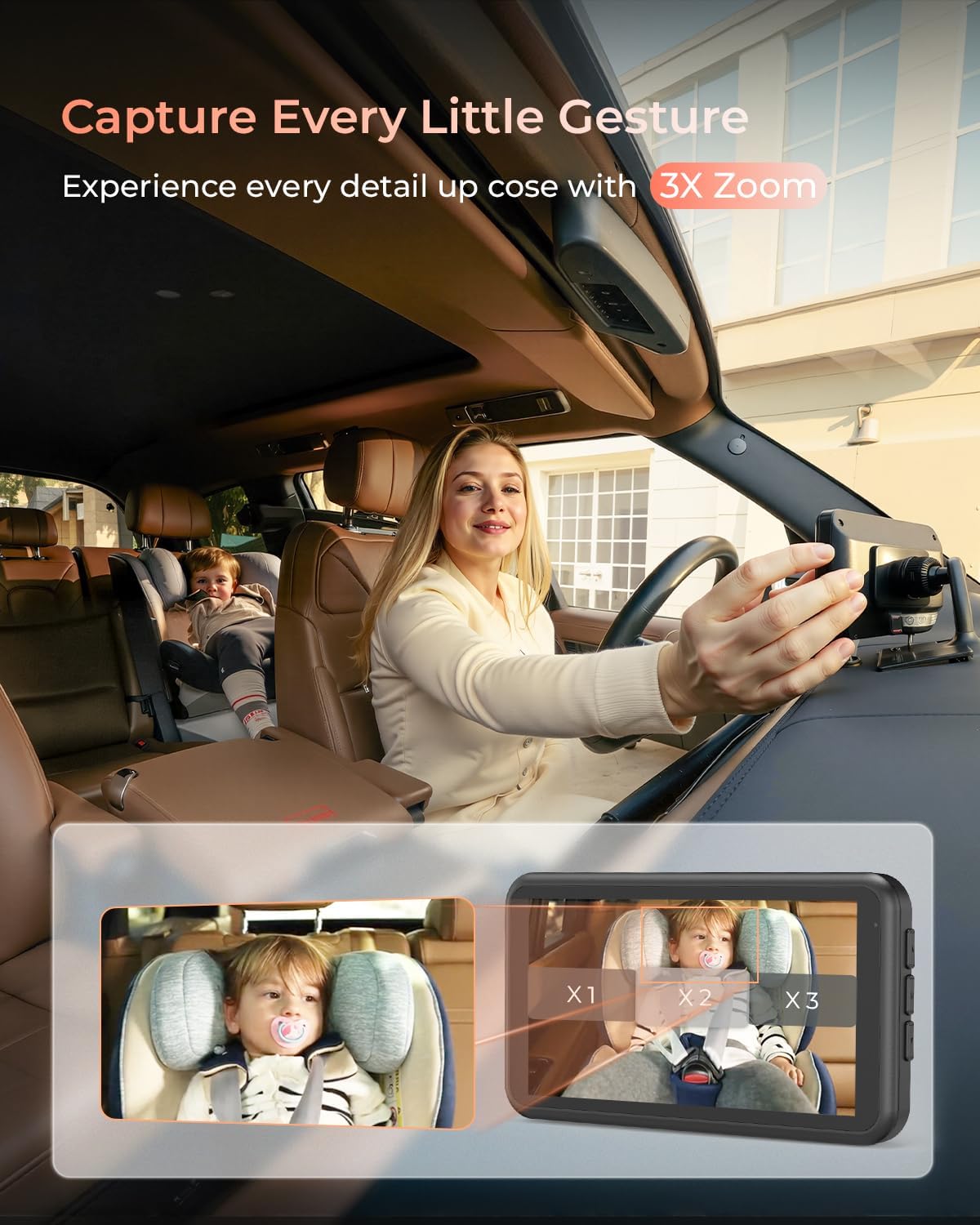 Babyvue BV6 Wireless Baby Car Camera Fast Setup, HD1080P No Wiring Car Baby Monitor with Auto IR Night Vision, 5.2' Display Backseat Camera 3X Zoom for Kids