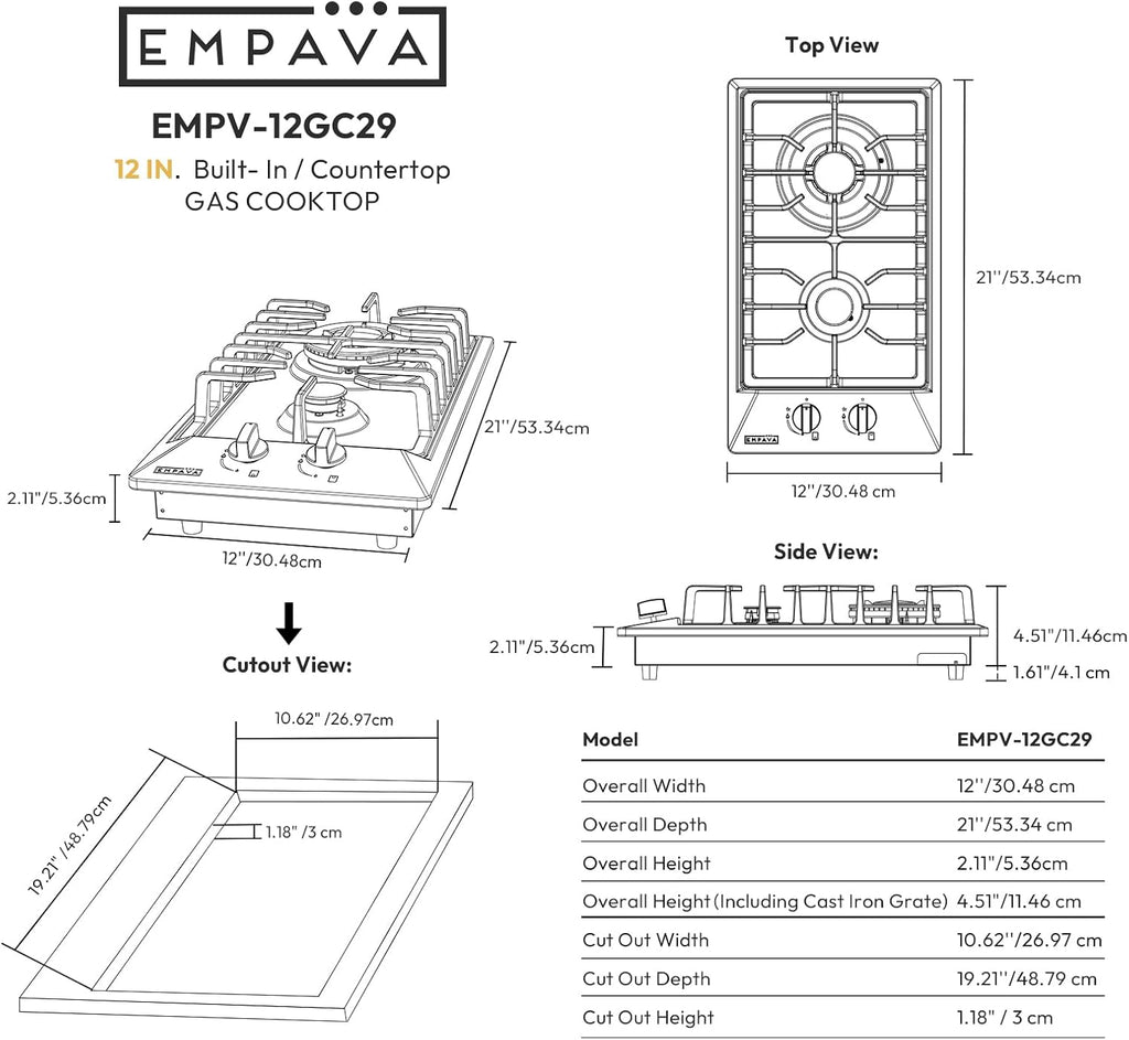 Empava 12' Gas Stove Cooktop with 2 Italy Sabaf Sealed Burners NG/LPG Convertible in Stainless Steel