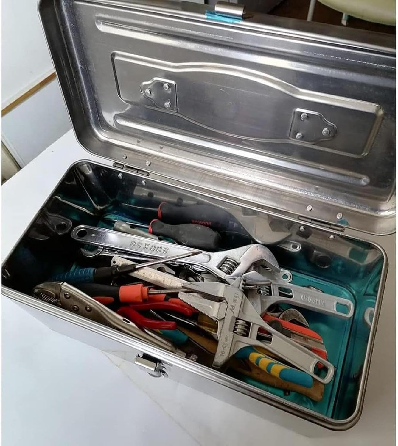 Stainless Steel Tool box,2 Layer Folding Multi-Function Tool box,with Removable Tool Tray and Lock Storage Box,Easy to Carry Hand Carry Tool Cases,for Tools Storage Household Hand Tool Box, Large