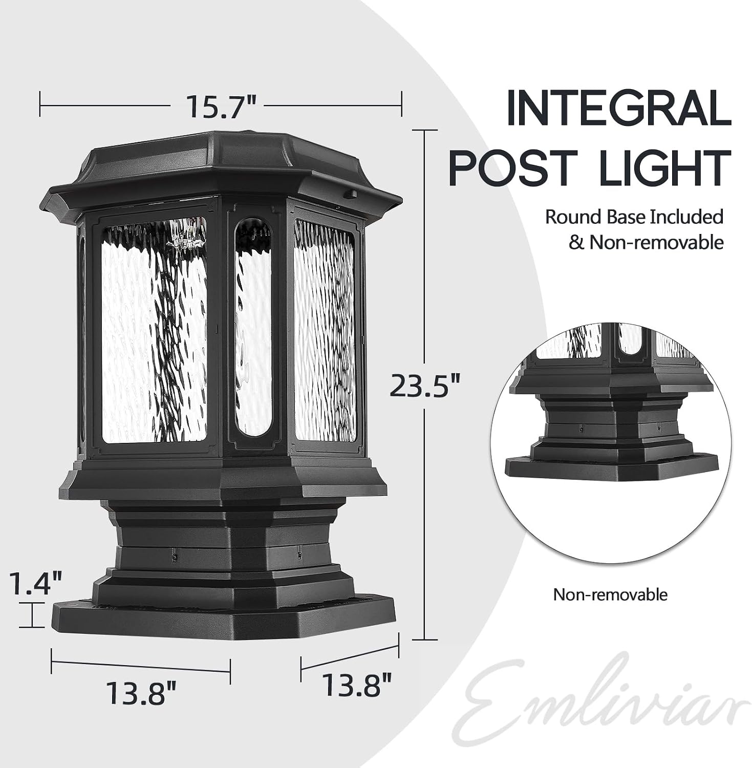 Emliviar Exterior 23.5 Inch Solar Post Light, Outdoor Aluminum Post Lamp with Pier Mount Base, Integral Black LED Pillar Lantern with Water Ripple Glass, XE310P SL BK-SW