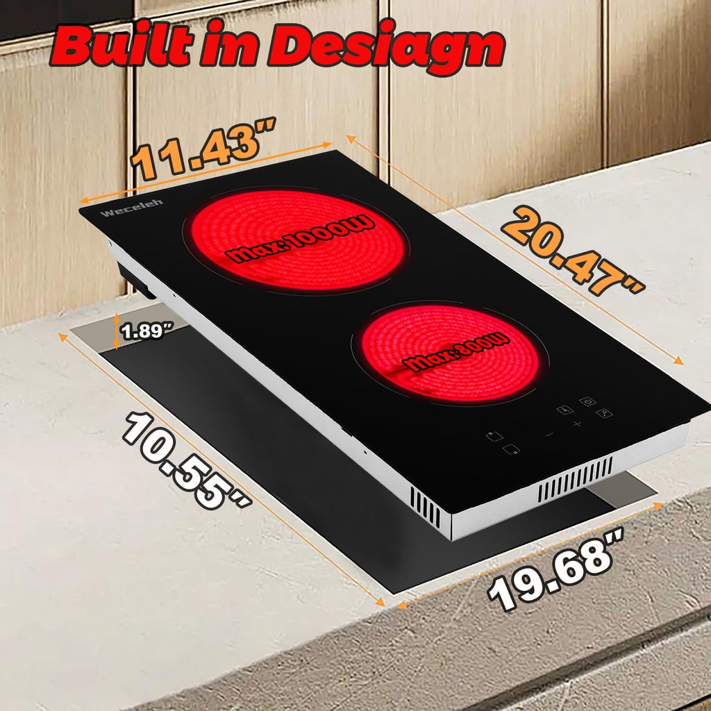 Electric Cooktop 2 Burner, 12 Inch Electric Stove Top, Built-in, 110V-120V Plug in, Touch Panel, Ceramic Burners with 9 Heating Level, Child Lock and Timer, 1800W
