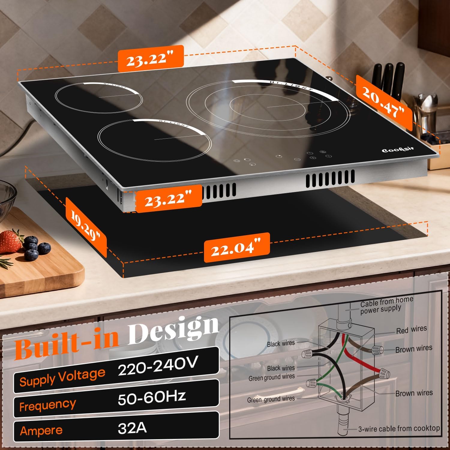 24 Inch Electric Cooktop, 3 Burner Built-in Ceramic Stove Top 220V-240V, 5700W Radiant Electric Cook Top with Touch Control, Timer, Safety Lock, 220V Hard Wired (No Plug)