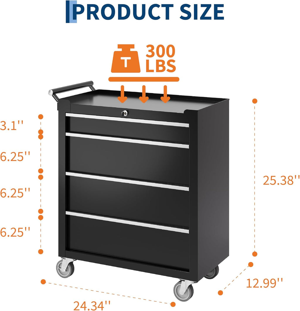 Garvee Rolling Tool Chest, 4 Drawers Tool Storage Cabinet, Toolbox with Wheels, Portable Tool Cabinet Organizer with Locking System & Drawer Liners, Tool Storage Cart for Garage, Workshop, Black
