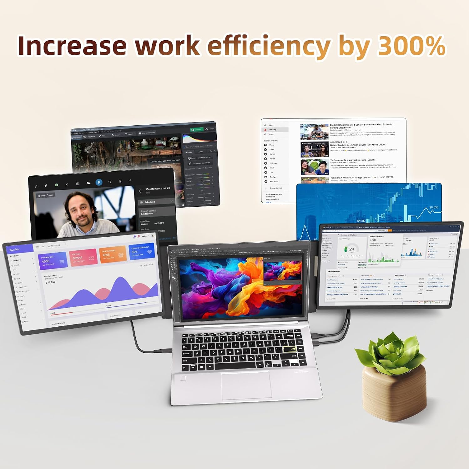 Laptop Screen Extender 2.5K Monitor - 16' Double Portable Monitor 2560x1600P QHD 100% sRGB IPS 235° Rotation Detachable Screen Design Extra Compatible with Mac Wins Dex Chrome Fits 13'-17' Laptops