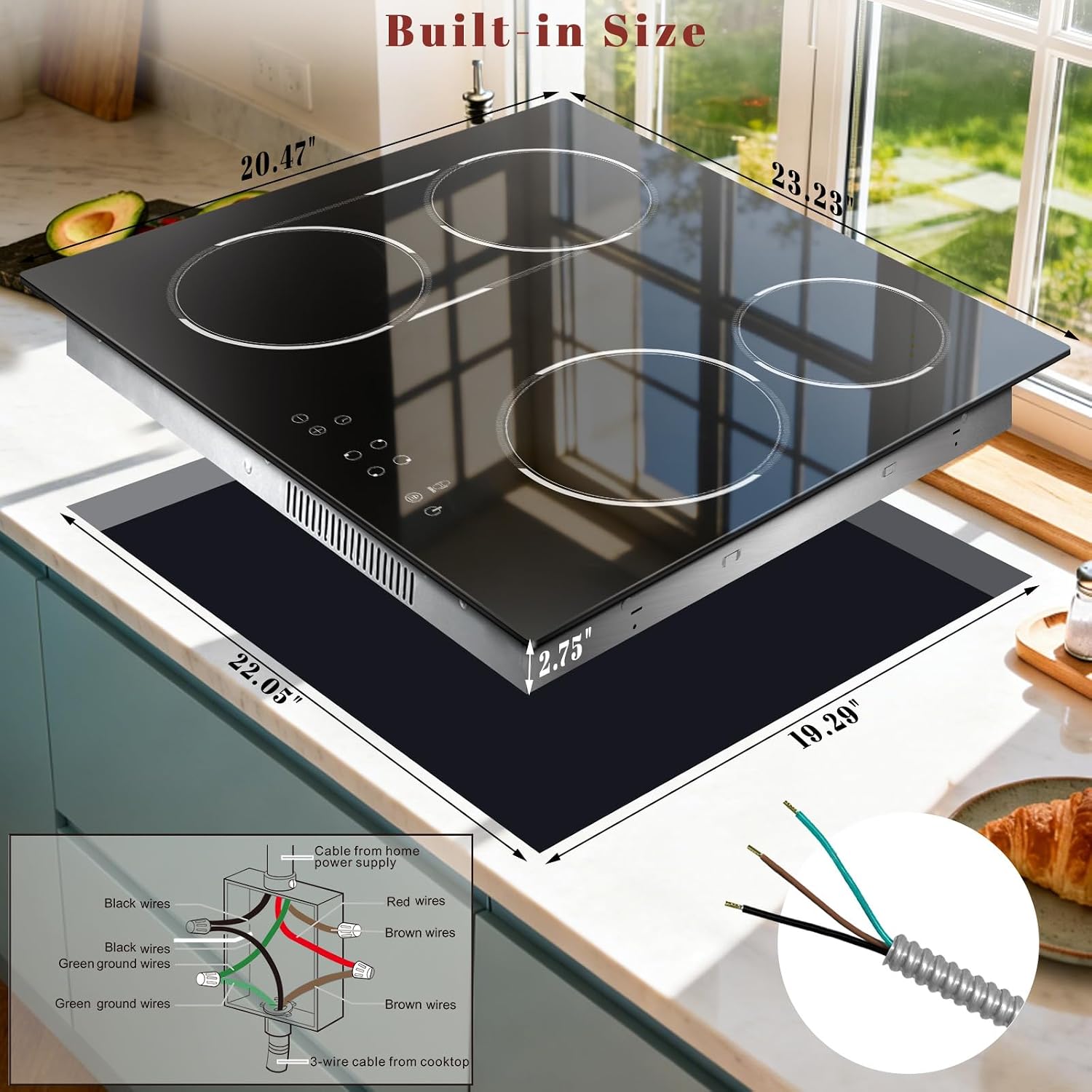 24 Inch Electric Cooktop Built-in, 4 Burner Electric Stove with 6900W Total High Power, 24' Ceramic Cooktop with BBQ Burner, Touch Control, Child Safety Lock, 220V-240V Hard Wire, No Plug