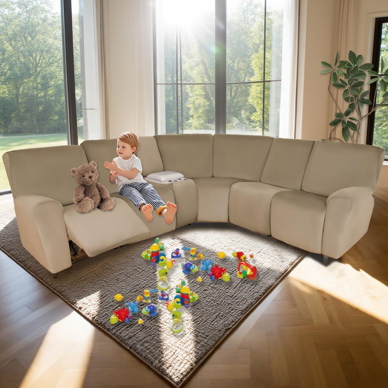 HDCAXKJ Reclining Sectional Couch Covers Velvet L Shaped Sectional Sofa Cover Washable Stretch Soft Corner Recliner Slipcover with Non-Slip Elastic Bottom (5 Seat and 2 Middle Console, Camel)