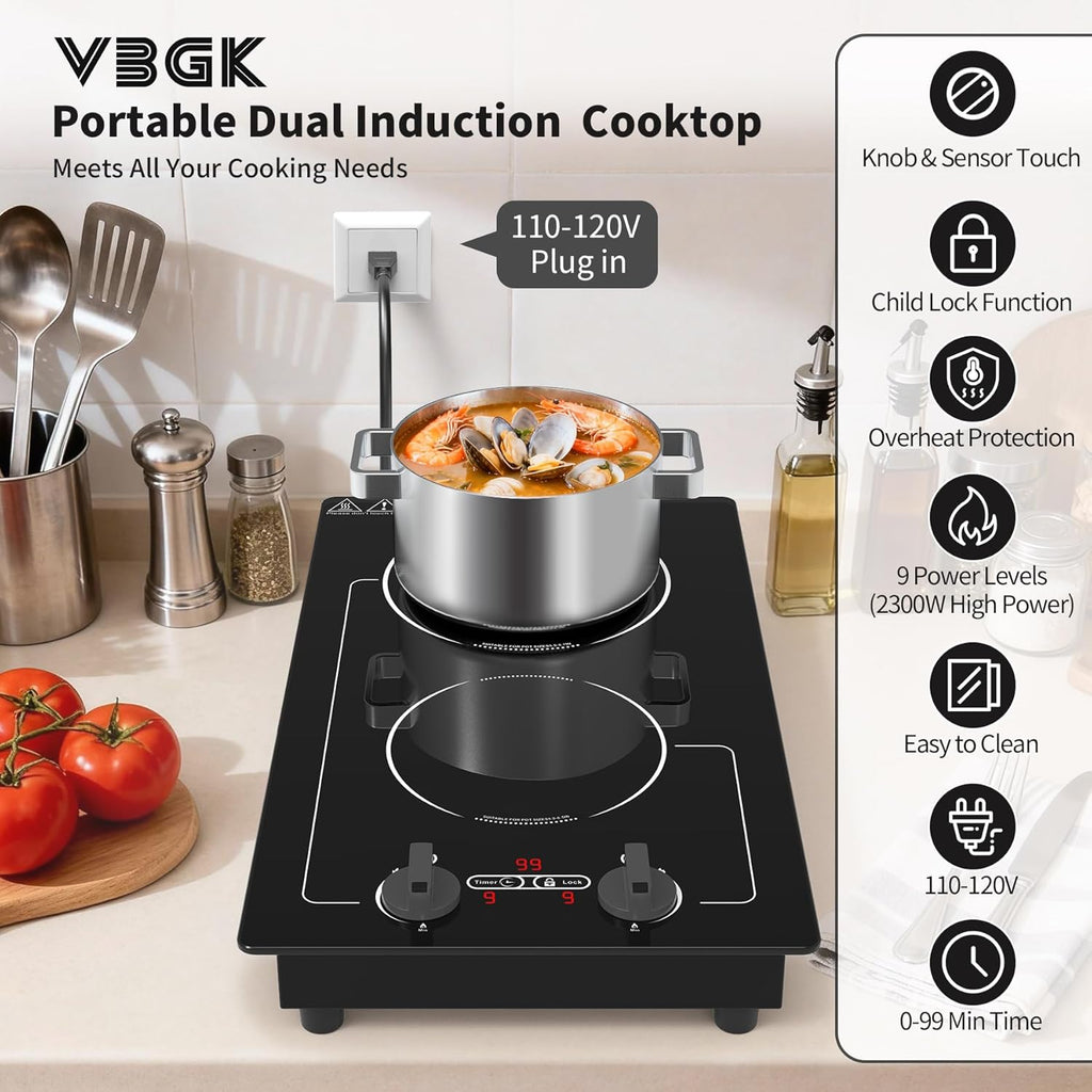 VBGK Induction Cooktop,110V 2300W 2 burner hot plate with Knob Control,9 Power Levels, Kids Lock & Timer,LED touch control,Overheat Protection Electric stove,2 burner induction cooktop
