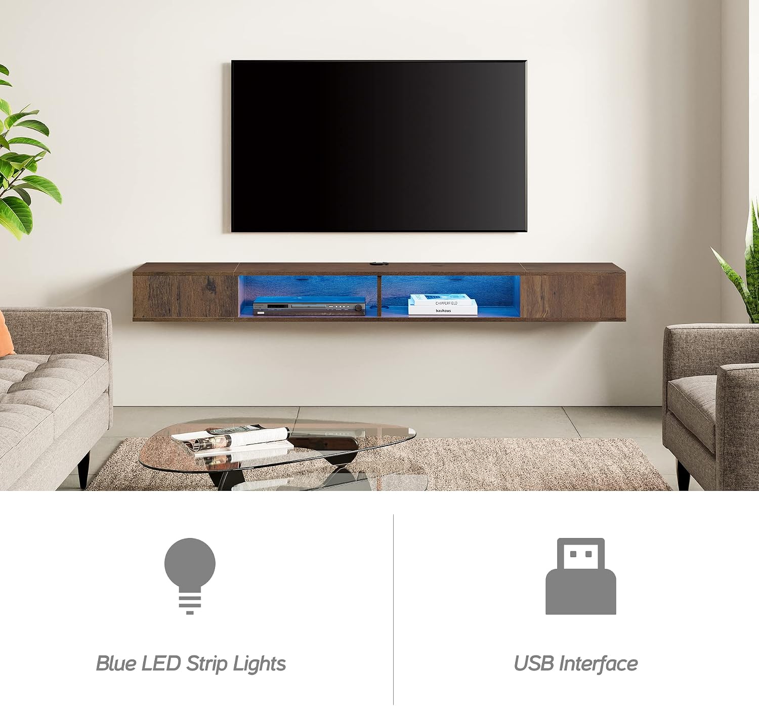 WAMPAT Floating Entertainment Center for 80 Inch TV,TV Stand Wall Mounted with LED Light, Floating TV Shelf Under TV for Living Room, Bedroom, Brown
