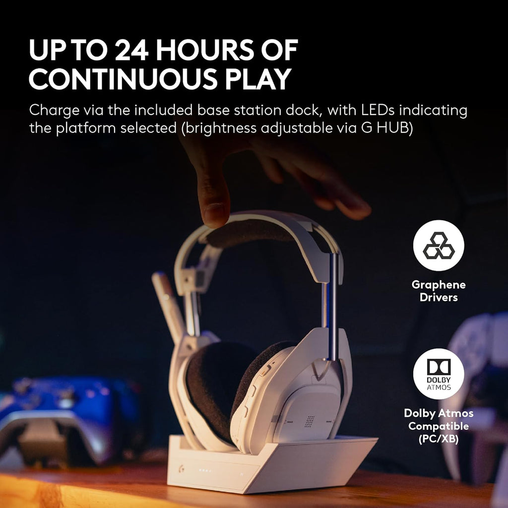 Logitech G Astro A50 X Multi-Platform Wireless Gaming Headset + Base Station for PS5/Xbox/PC: PLAYSYNC Video & Audio Switcher, HDMI 2.1 4K 120Hz VRR, <24bit/48kHz, 24hr Battery, 2.4GHz & BT - White