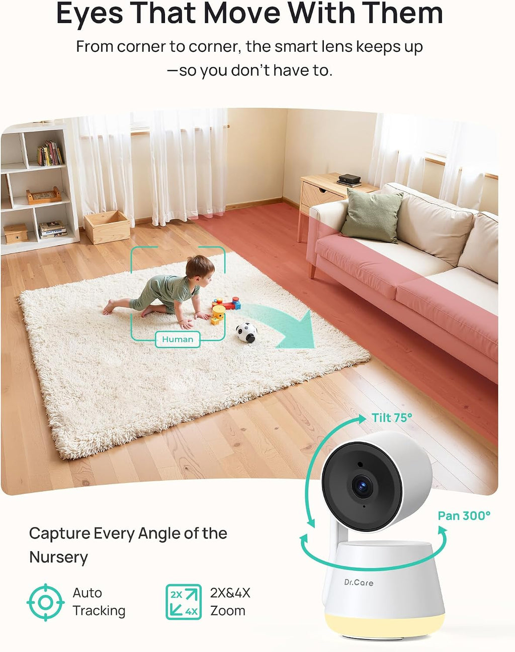 Dr.Care LumiView Smart WiFi Baby Monitor with 2 Cameras - 5' 1080P FHD & 2K Camera App Control, Privacy Mode, 5000mAh Removable Battery, Cry & Motion Alerts, HD Night Vision, Multi-User,1279ft Rang