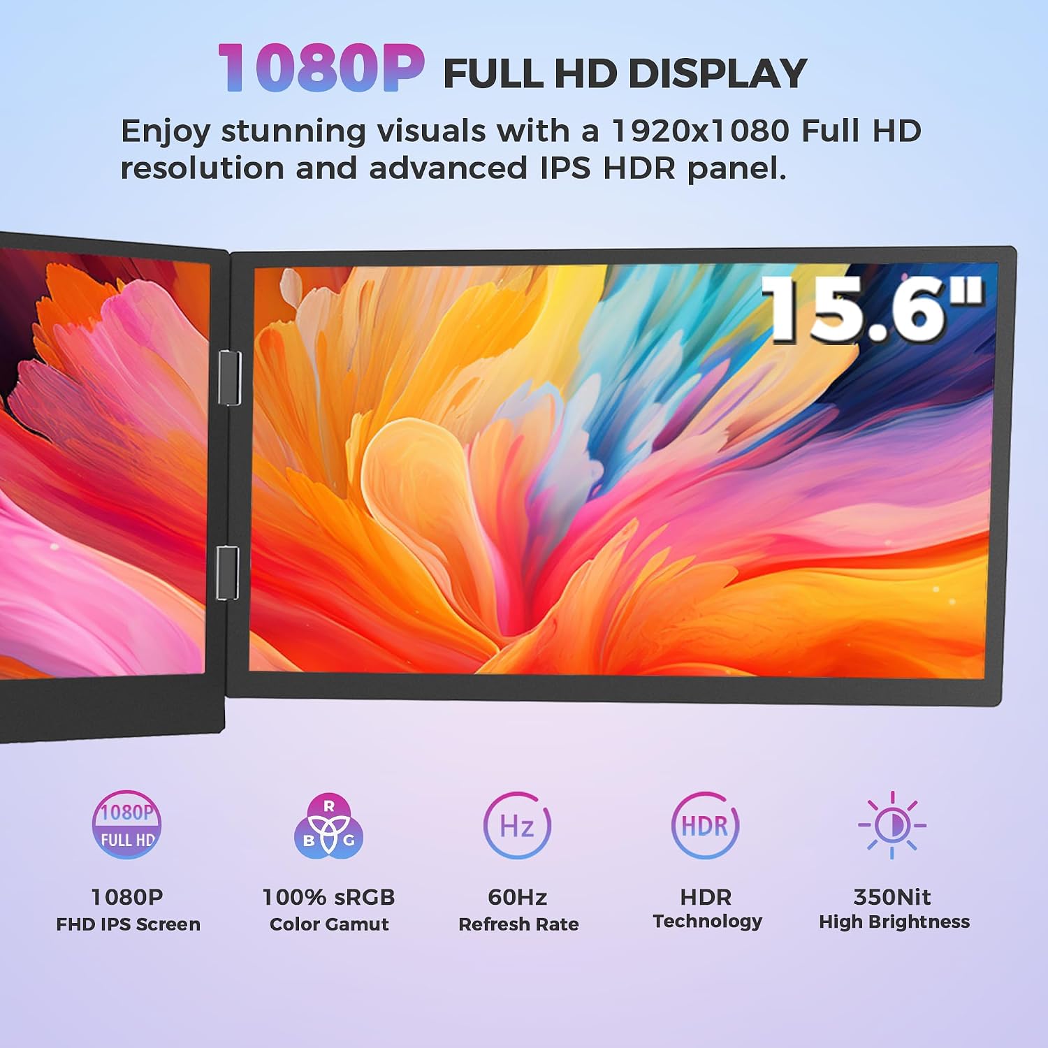 15.6 Inch Laptop Screen Extender, Triple Monitor for 11-18 Inch Laptops, FHD 1080P IPS Foldable Display with 360° Rotation, USB-C (DP Alt Mode) and HDMI for Windows and Mac