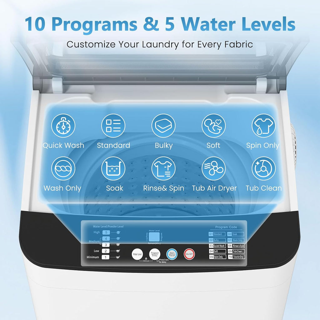 Auertech Portable Washing Machine, 2.4 cu.ft Capacity Fully Automatic Washer with Drain Pump, 10 Programs, 5 Water Levels, Portable Washer Dryer Combo for Apartment, RV, Dorm