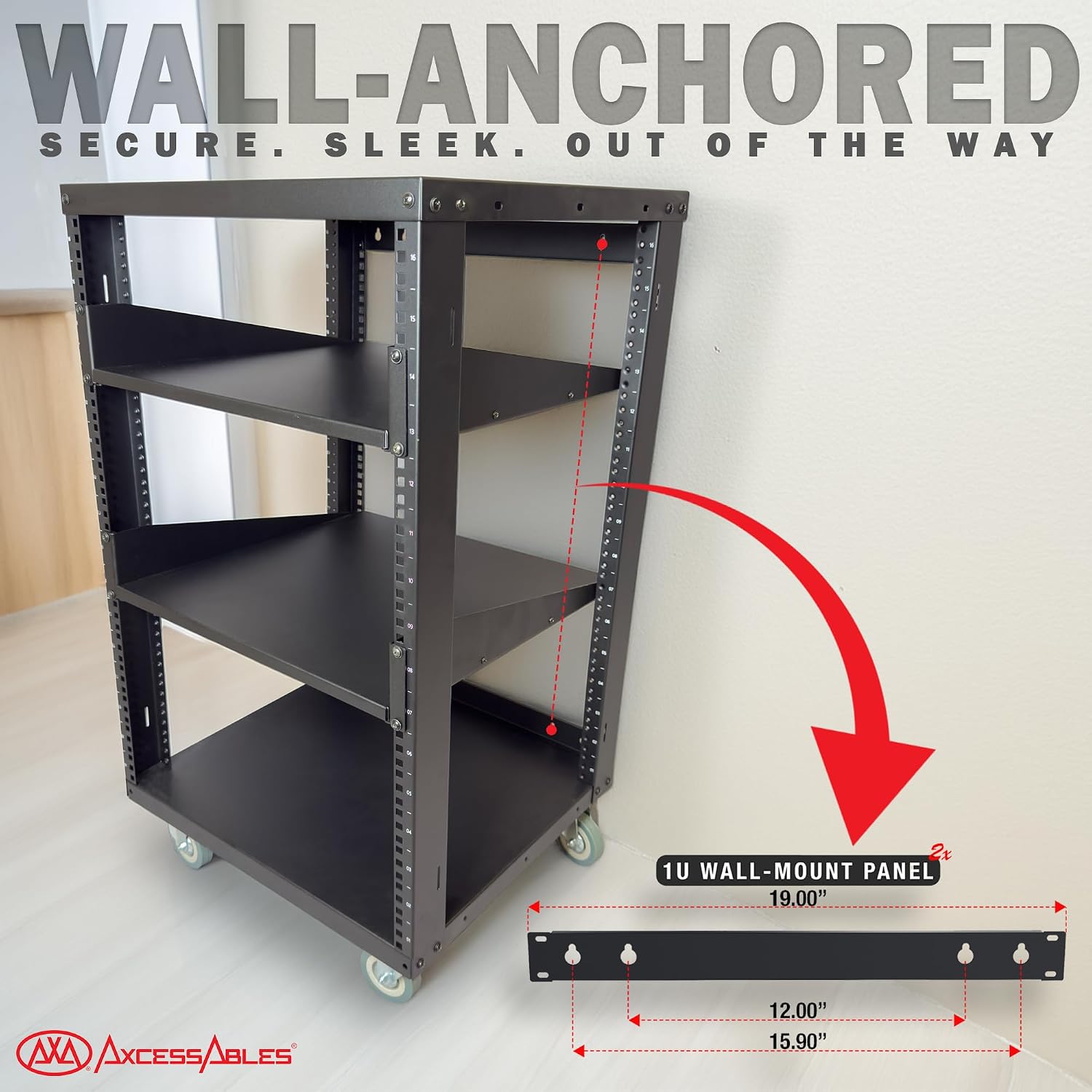 AxcessAbles 16U Open Frame Network & AV Rack with Caster Wheels, Two 2U Shelves, 10-32 & Cage Nut Compatible Rails, Cage Nuts, Screws, Cage Nut Tool & Wall Mount Kit | 19-Inch Equipment Rack