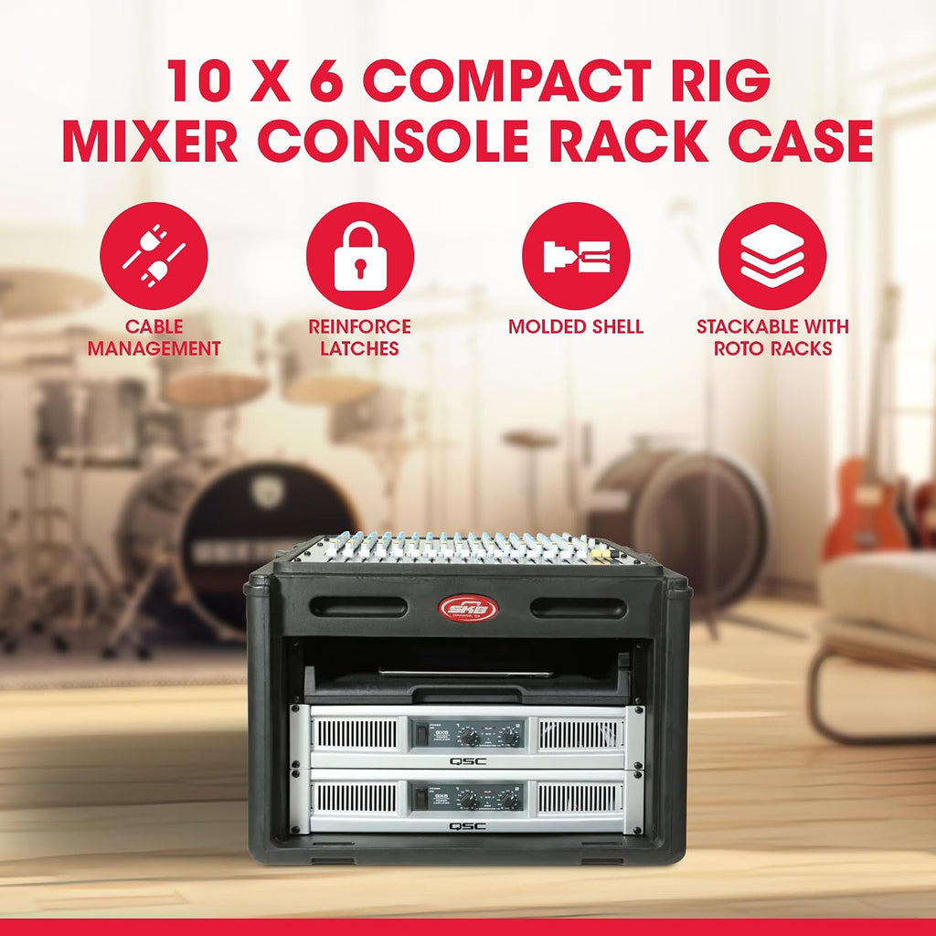 SKB Roto Rack/Mixer Console, 10U Slanted Rackmount on top, 6U Rackmount in Front with Steel Threaded Rails, Hard Lid and Doors and Side Access Ports