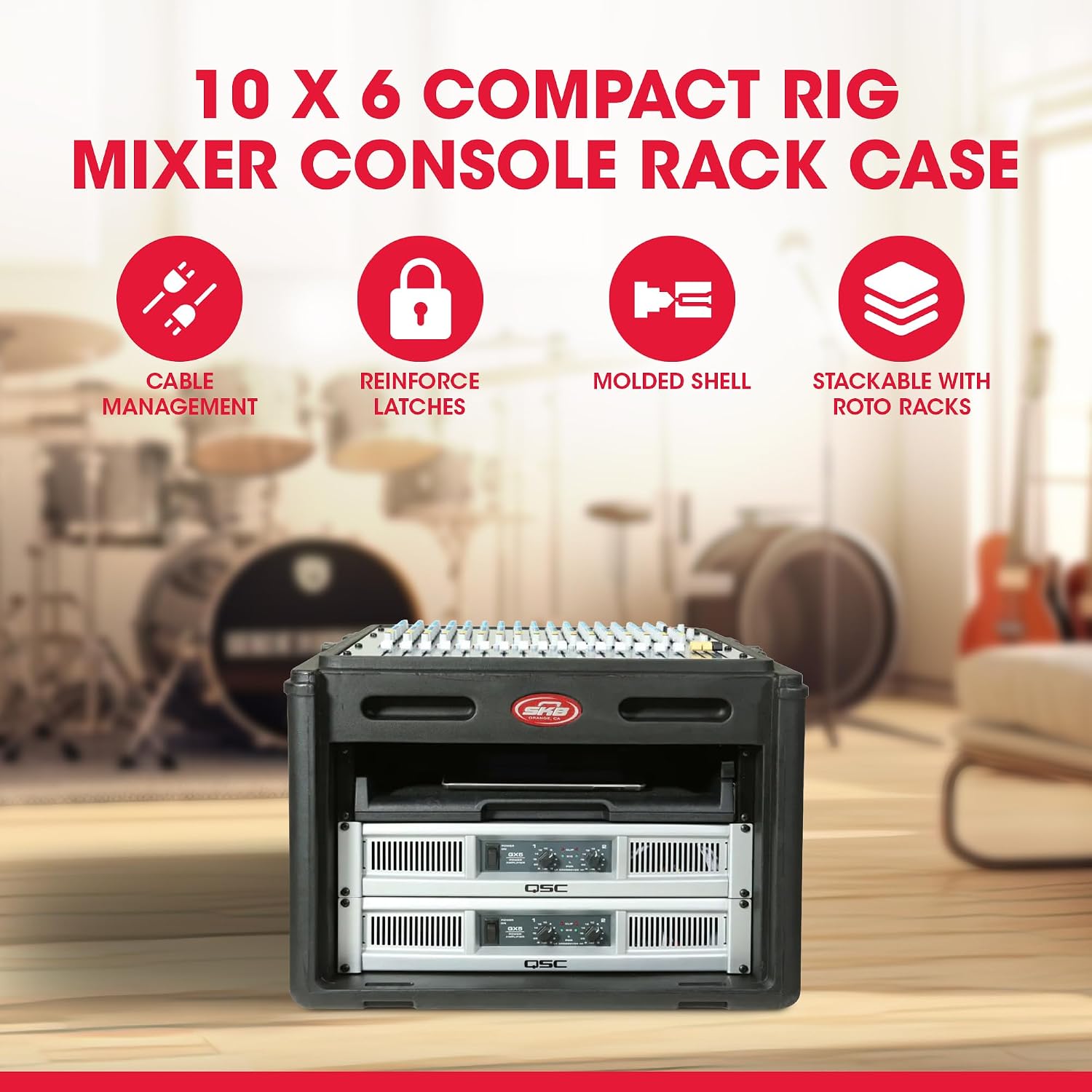SKB Roto Rack/Mixer Console, 10U Slanted Rackmount on top, 6U Rackmount in Front with Steel Threaded Rails, Hard Lid and Doors and Side Access Ports