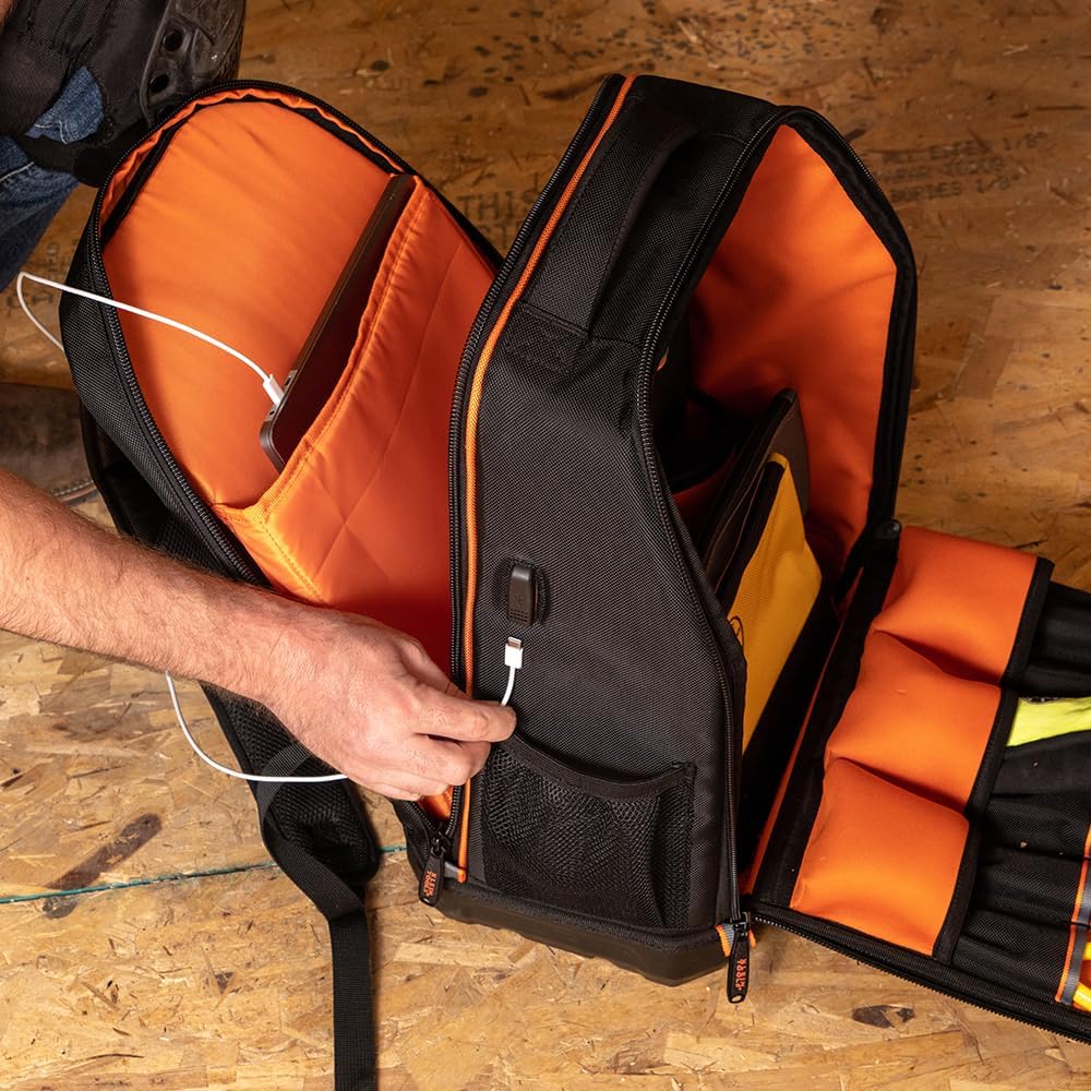 Klein Tools 62805BPTECH 28-Pocket Laptop Backpack Tool Bag, Tradesman Pro Extra-Large Tech Tool Backpack with Molded Bottom, Charging Port
