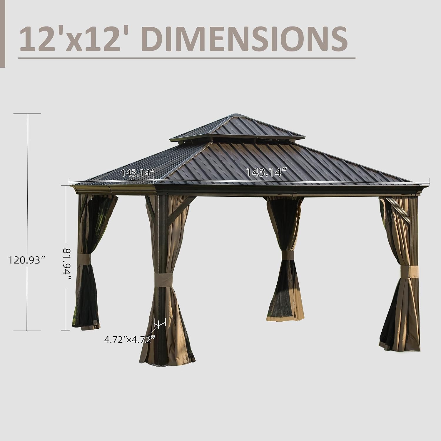 Domi 12' X 12' Hardtop Gazebo, Upgraded Metal Gazebo with Drainage System, Dual-Layer Galvanized Steel Roof, Curtain and Netting, Outdoor Shelter Canopy for Patio, Garden, and Backyard, Brown