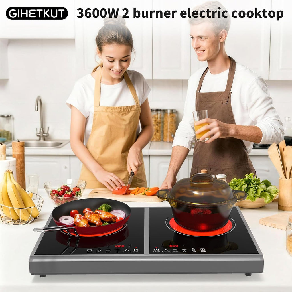 GIHETKUT Electric Cooktop,110V 3600W Stove top, 20 inch Countertop with 9 Power Levels,LED touch control,Overheat Protection,Child Safety Lock & Timer,touch control 2 burner Electric cooktop