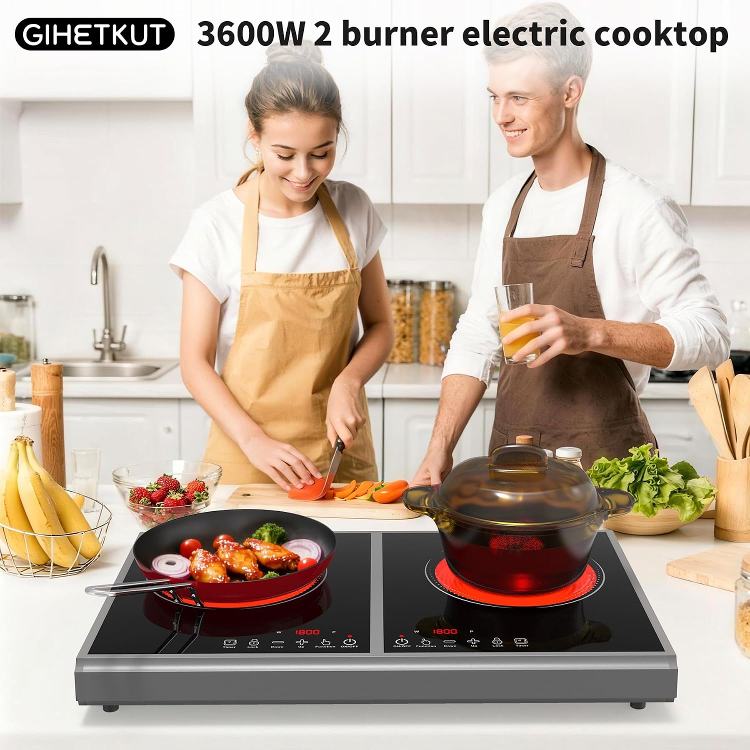 GIHETKUT Electric Cooktop,110V 3600W Stove top, 20 inch Countertop with 9 Power Levels,LED touch control,Overheat Protection,Child Safety Lock & Timer,touch control 2 burner Electric cooktop