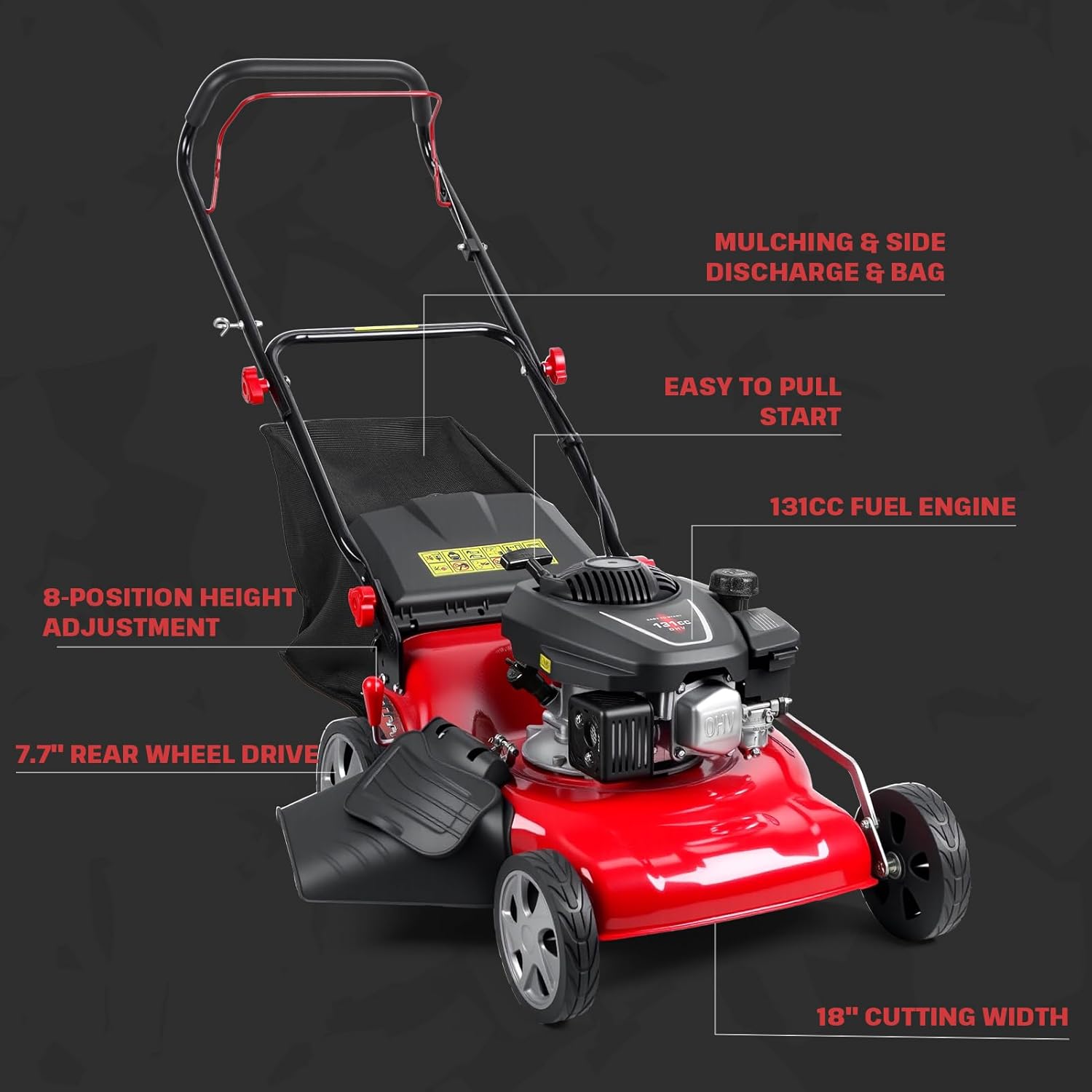 Self-Propelled Gas Lawn Mower, 131cc Engine 18-Inch Walk-Behind Push Mower with 50L Grass Bag, 3-in-1 Cutting, 8-Level Height Adjustment and Foldable Design