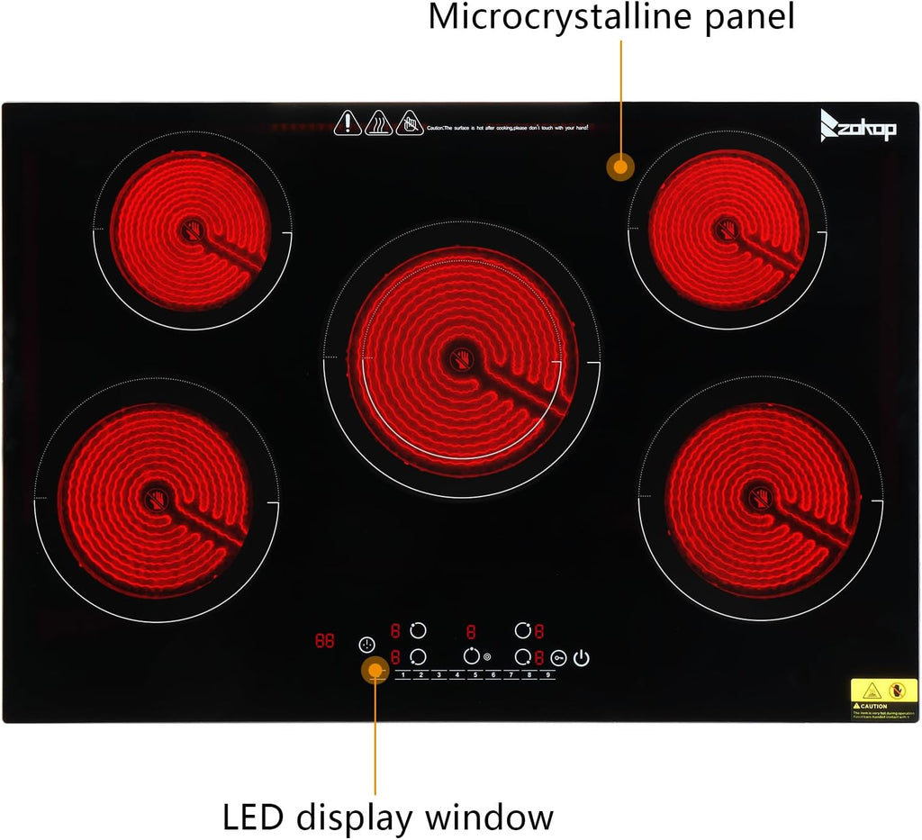 Winado 5 Burners Electric Ceramic Cooktop 30 inch, 220-240V Flat Top Stove, Multi-function Elecric Stove Top w/9 Heating Level, Kid Safety Lock, Sensor Touch Control, Timer Setting 7600W, No Plug
