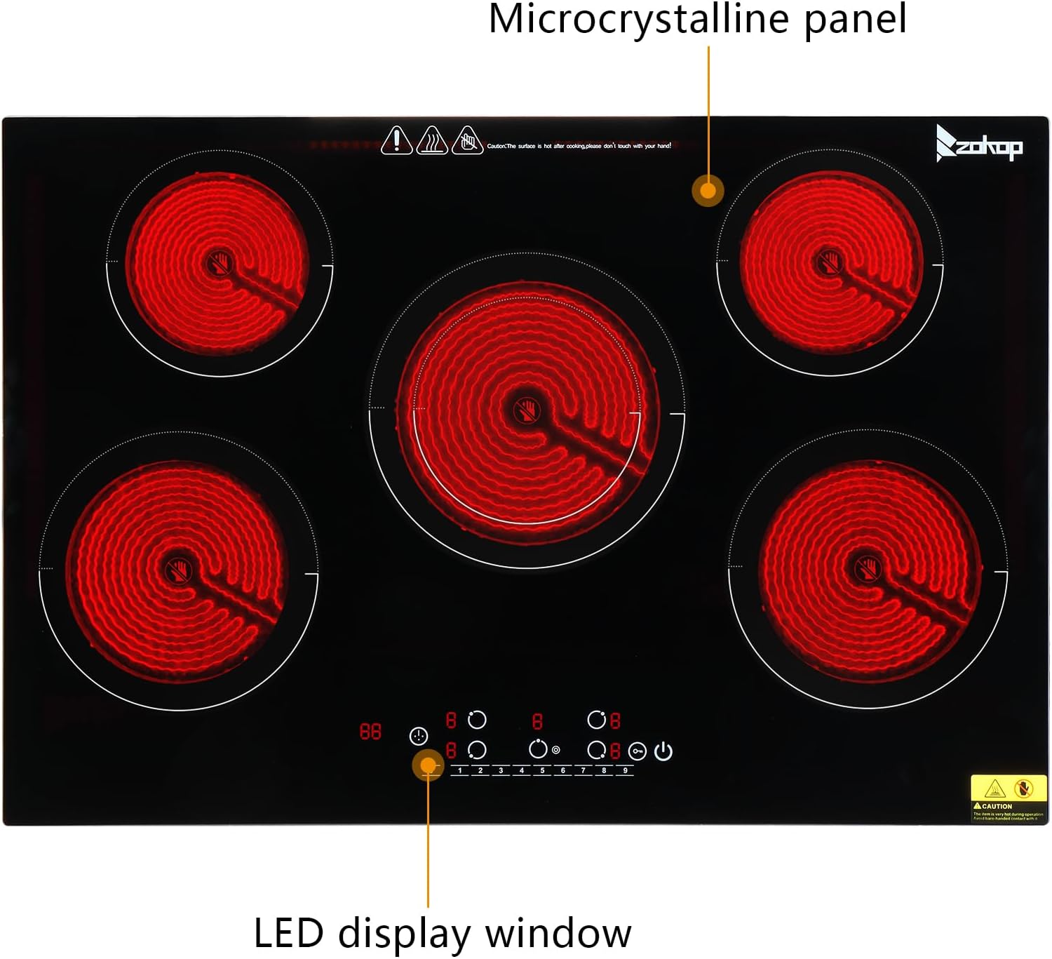 Winado 5 Burners Electric Ceramic Cooktop 30 inch, 220-240V Flat Top Stove, Multi-function Elecric Stove Top w/9 Heating Level, Kid Safety Lock, Sensor Touch Control, Timer Setting 7600W, No Plug