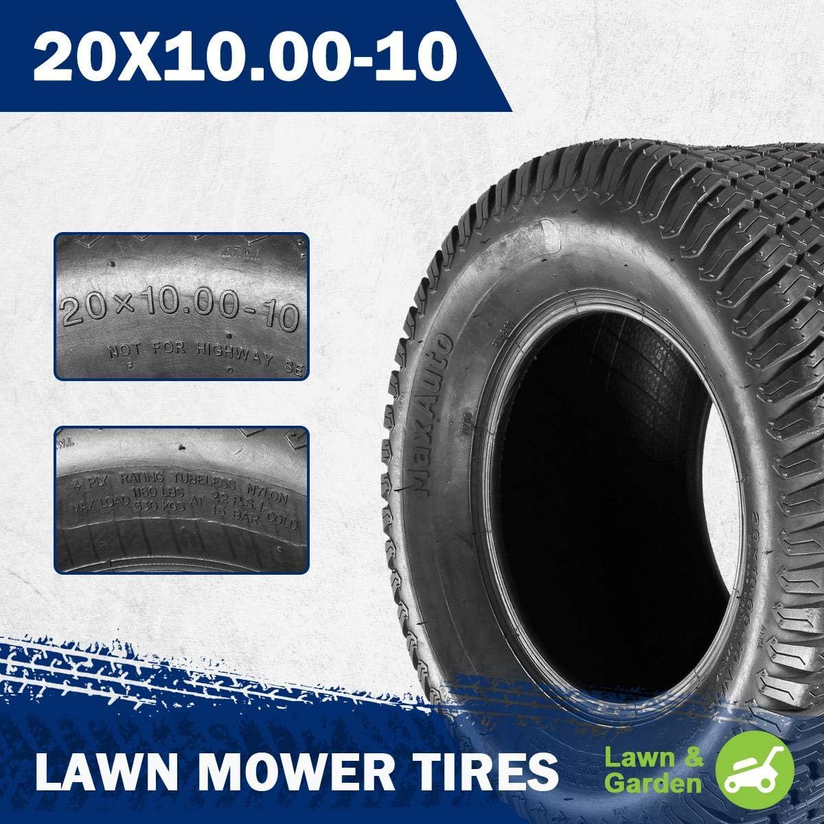 MaxAuto 20x10.00-10 Lawn Mower Tires 4-Ply 20x10x10 Tire - Suitable for Golf Carts, Turf Equipment & Tractors, Professional Groundskeepers