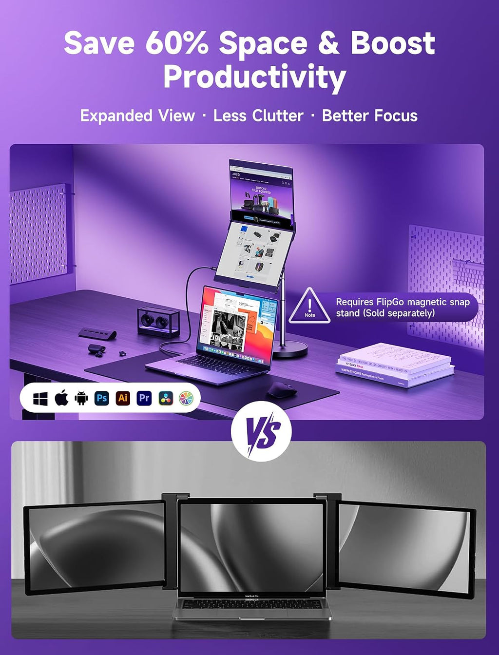 JSAUX FlipGo Pro 13.5' Dual Portable Monitors, 2.2K Triple Laptop Screen Extender, Portable IPS Dual-Screen Monitor for Laptop[for Windows/Linux/macOS] One Cable to Dual/Magnetic Design/DisplayLink