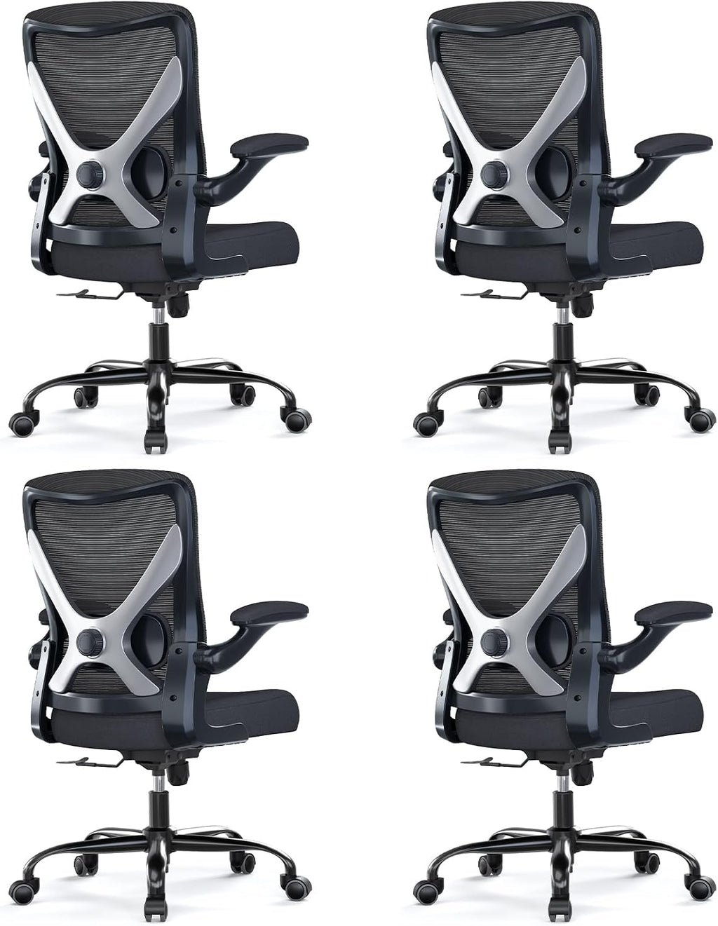 Ergonomic Office Chair - X-Shaped Computer Desk Chairs Comfy, Mesh High-Back Gaming Chair with Adjustable Lumbar Support, Executive Task Chair for Adults, Comfortable for Long Hours, Black, Pack of 4
