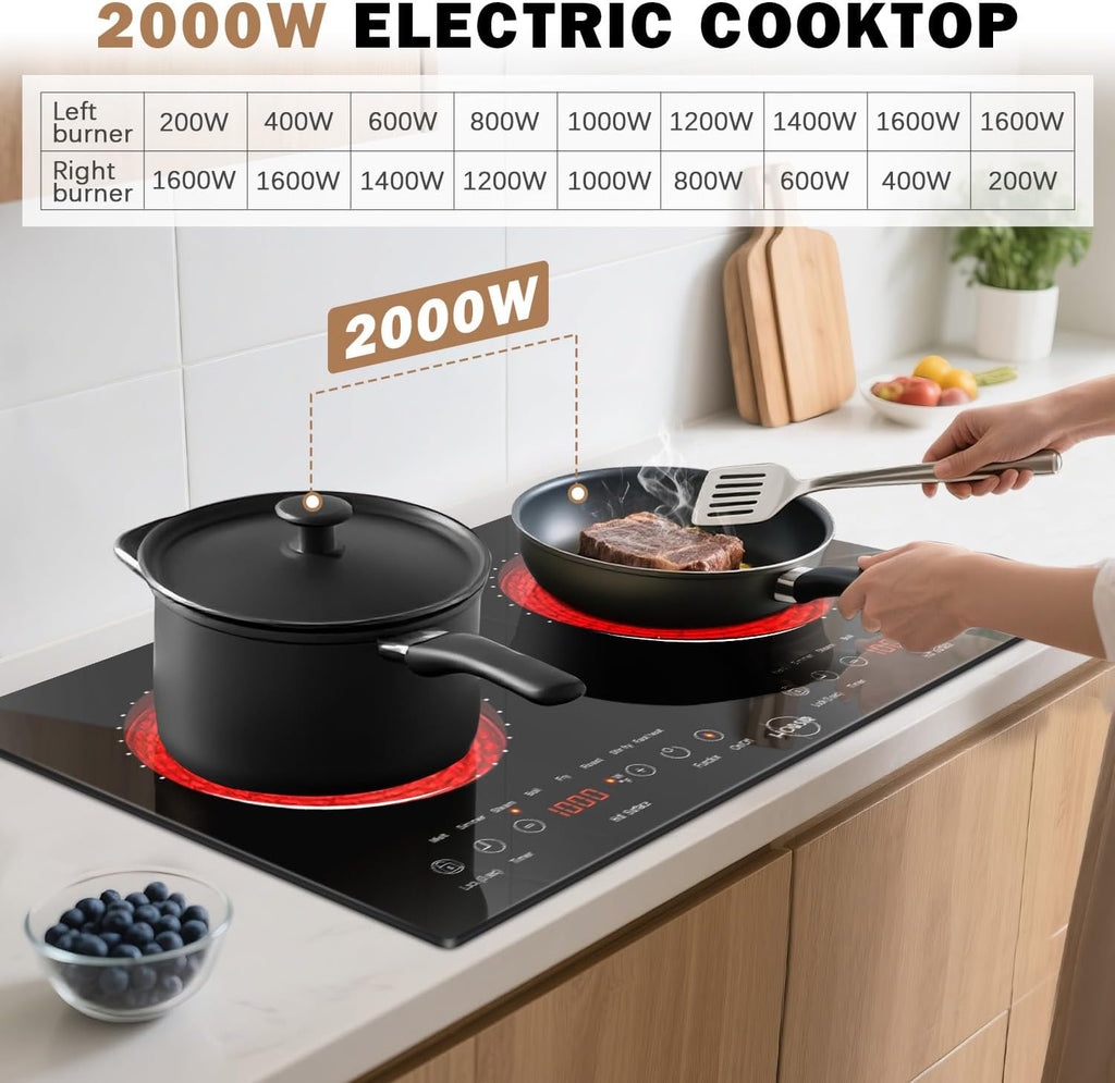 Hobsir 2 Burner Electric Cooktop 110V with Plug, Total 2000W Shared Power, Electric Stove Top with 8 Function & 8 Power, Two Burner Kitchen Cooktop with Timer & Child Safety Lock, for RV Camping